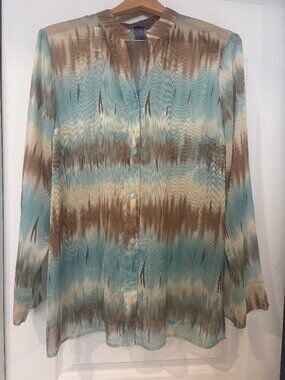 Vintage 90s Y2K Koret Sparkle Abstract Ikat Sheer Tunic Blouse Sz XL